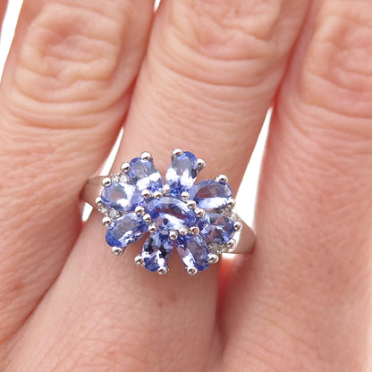 925 Sterling Silver Real Tanzanite & White Topaz Floral Ring Size 8