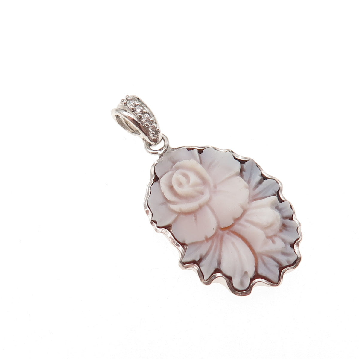 925 Sterling Silver Vintage Italy Real MOP & C Z Floral Cameo Charm Pendant
