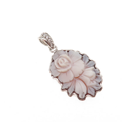925 Sterling Silver Vintage Italy Real MOP & C Z Floral Cameo Charm Pendant