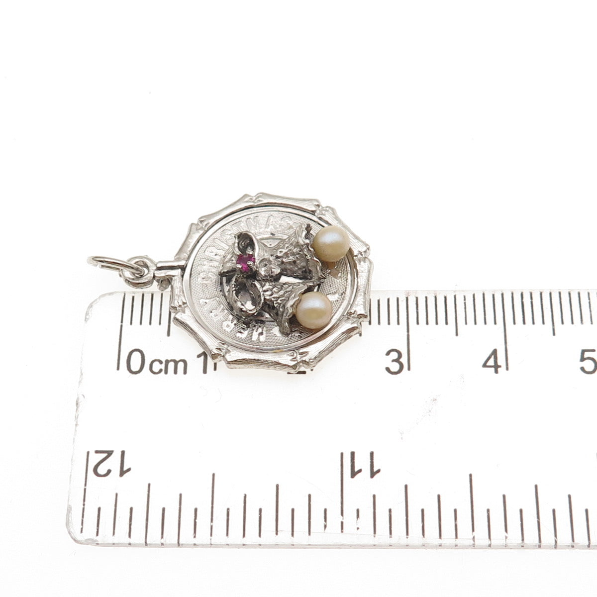 925 Sterling Silver Vintage Faux Pearl Rhinestone Merry Christmas Charm Pendant