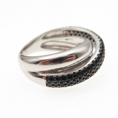 925 Sterling Silver Real Round-Cut Black Spinel Crisscross Ring Size 6.5