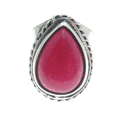 925 Sterling Silver Vintage Real Pear-Cut Rhodonite Oxidized Ring Size 8.5