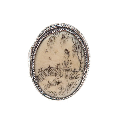 925 Sterling Silver Antique Chinese Lady Filigree Oxidized Poison Ring Size 5.25