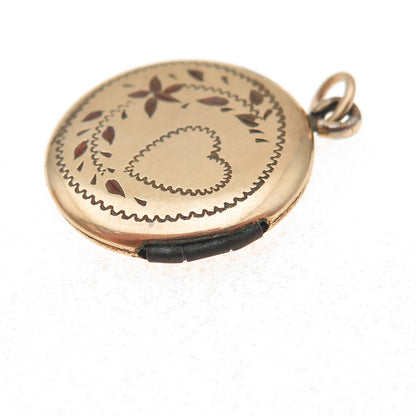 Gold Filled Antique Art Deco Engraved Floral Heart Round Locket Charm Pendant