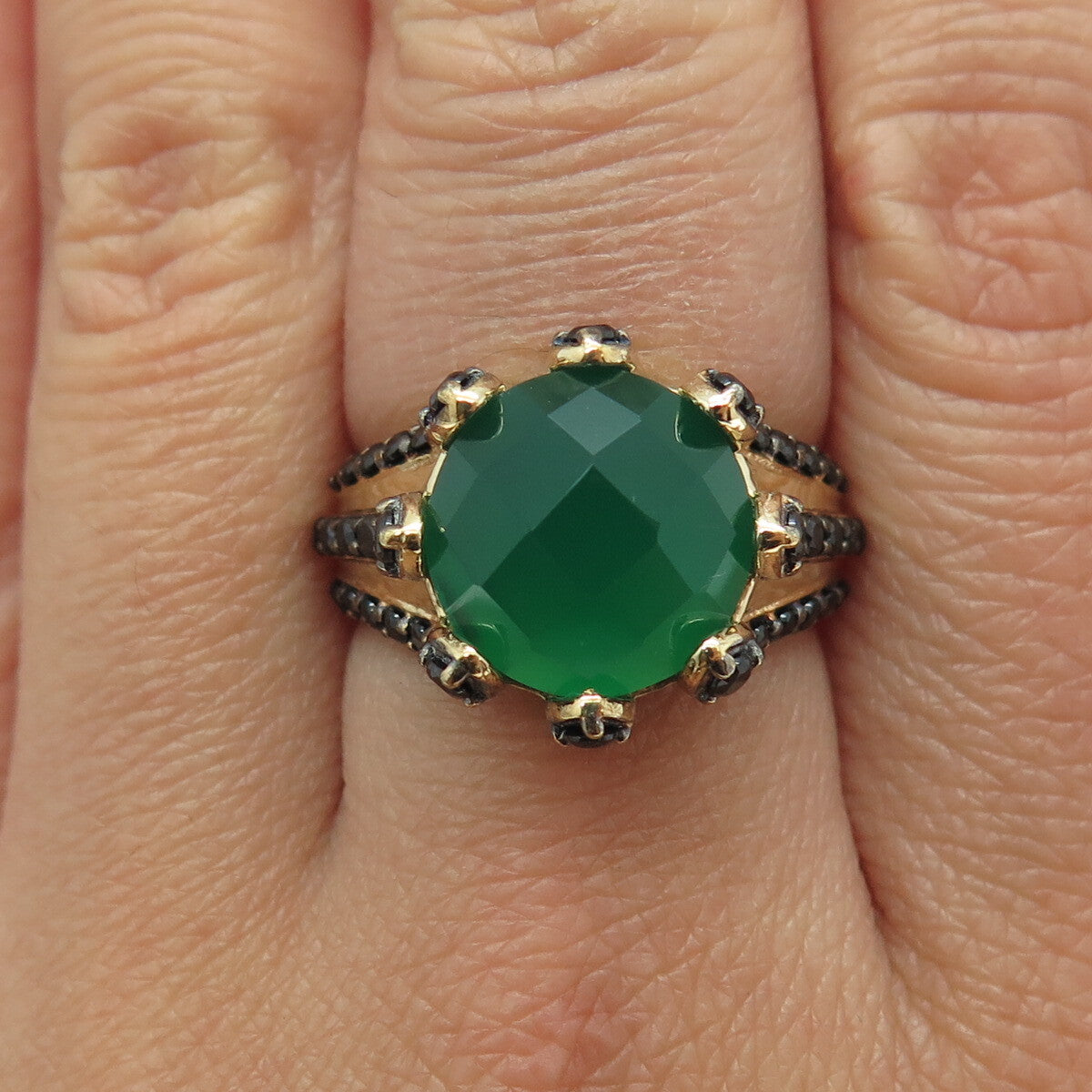 925 Sterling Silver Gold Plated Checkered Green Onyx & Black Spinel Ring Size 7