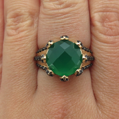 925 Sterling Silver Gold Plated Checkered Green Onyx & Black Spinel Ring Size 7