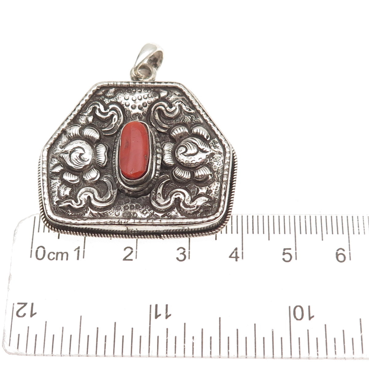 925 Sterling Silver Vintage Real Coral Floral Oxidized Pendant