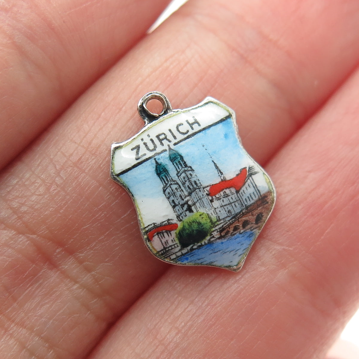 800 Silver Vintage Enamel Zurich Switzerland Minimalist Charm Pendant