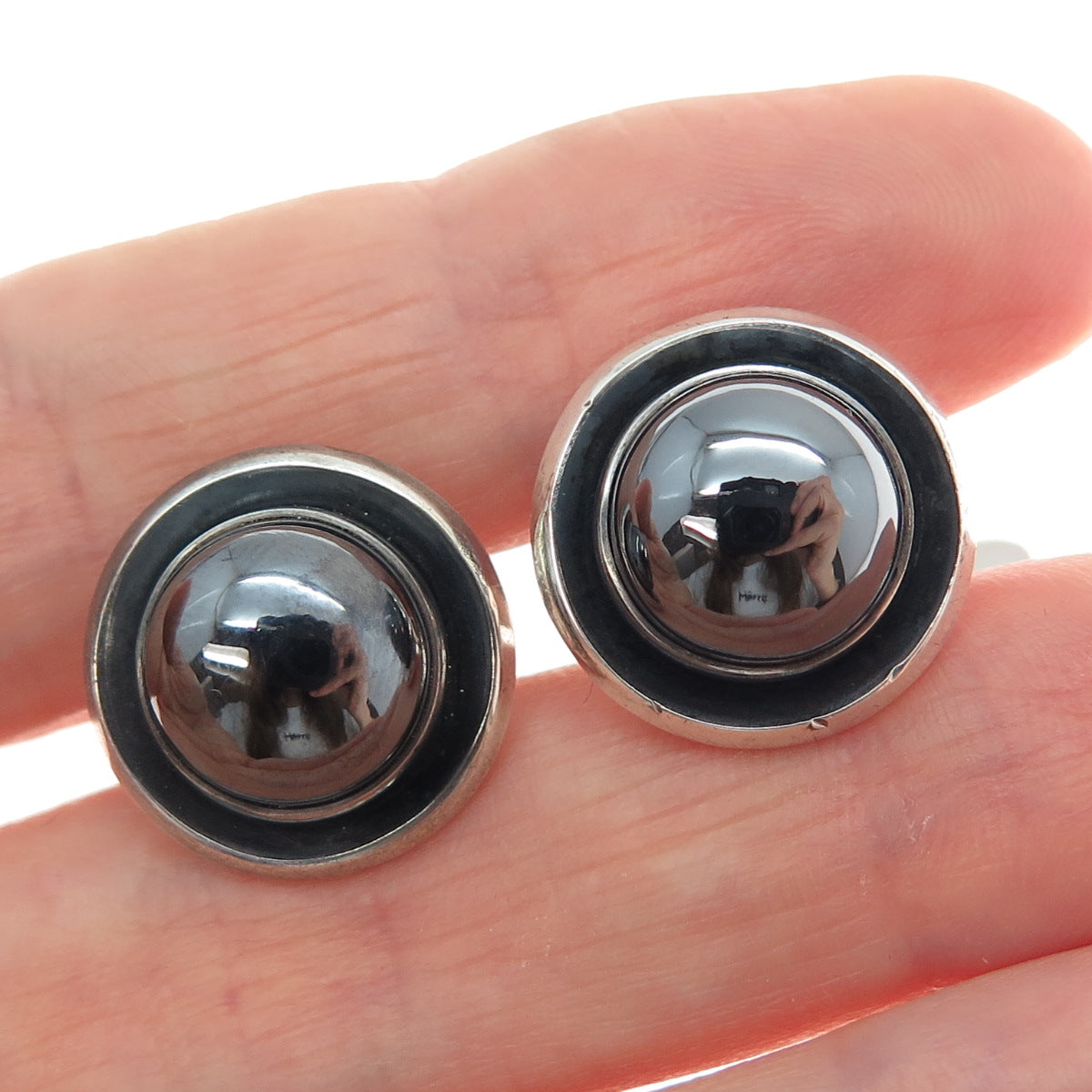 N.E. FROM 925S Sterling Silver Vintage Denmark Real Hematite Modernist Cufflinks