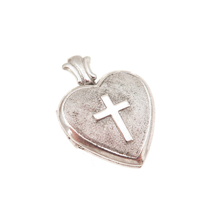925 Sterling Silver Antique Art Deco Enamel Cross Heart Locket Charm Pendant