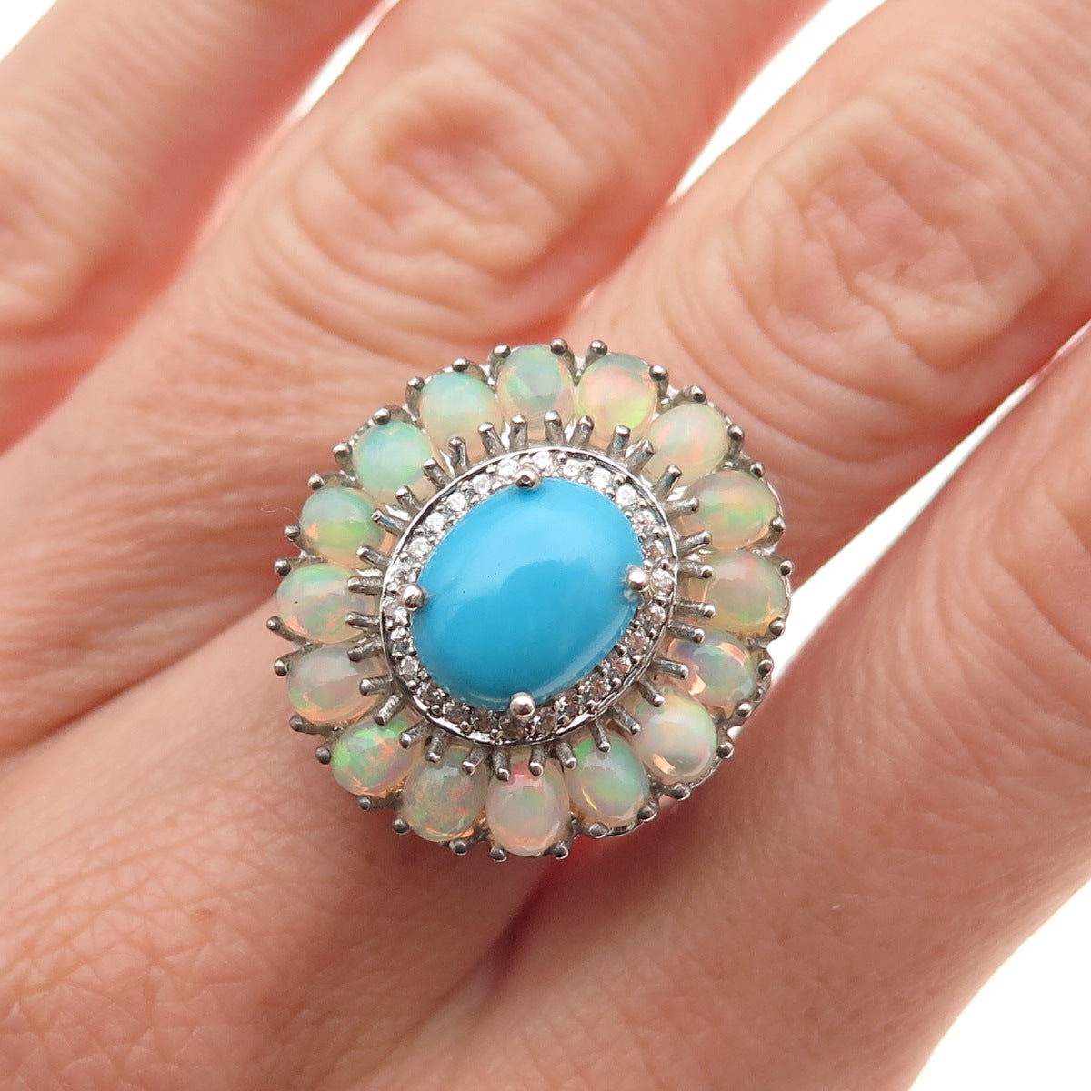 D'Joy 925 Sterling Silver Real Turquoise Opal & White Topaz Ring Size 8