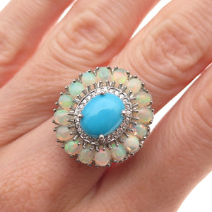 D'Joy 925 Sterling Silver Real Turquoise Opal & White Topaz Ring Size 8