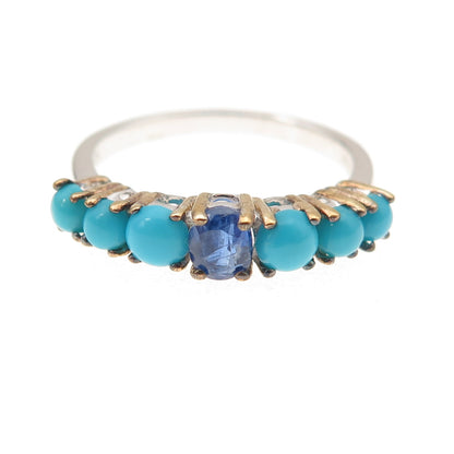 925 Sterling Silver 2-Tone Real Sapphire & Sleeping Beauty Turquoise Ring Size 8