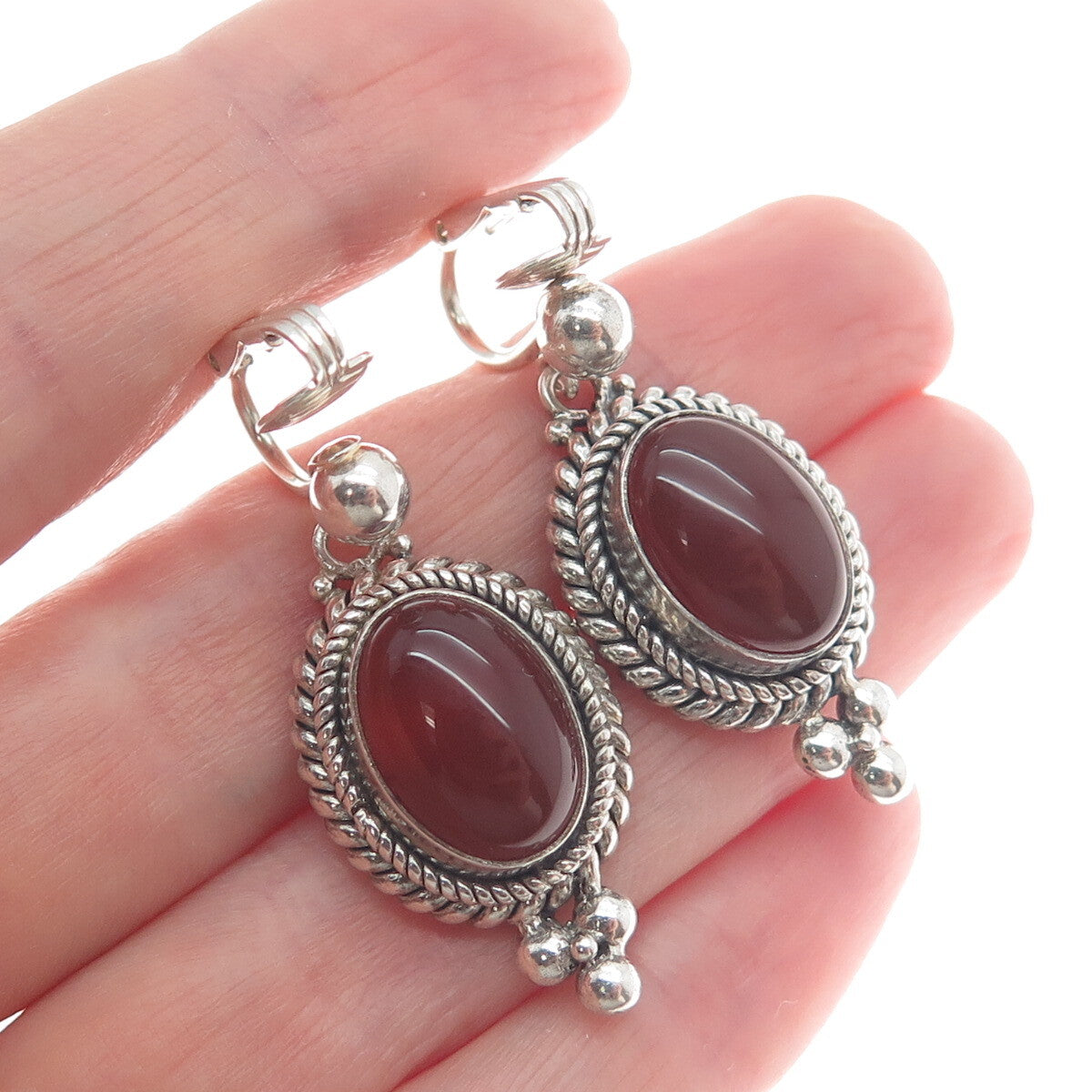 SUARTI BALI 925 Sterling Silver Vintage Carnelian Gem Clip on Dangle Earrings