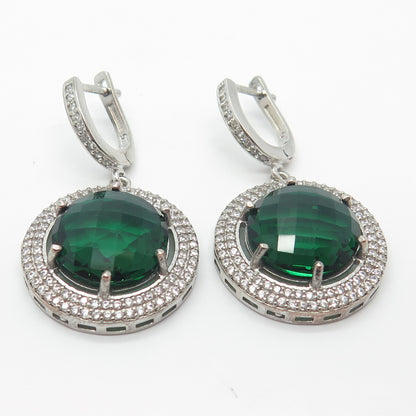 925 Sterling Silver White & Green C Z Dangling Earrings