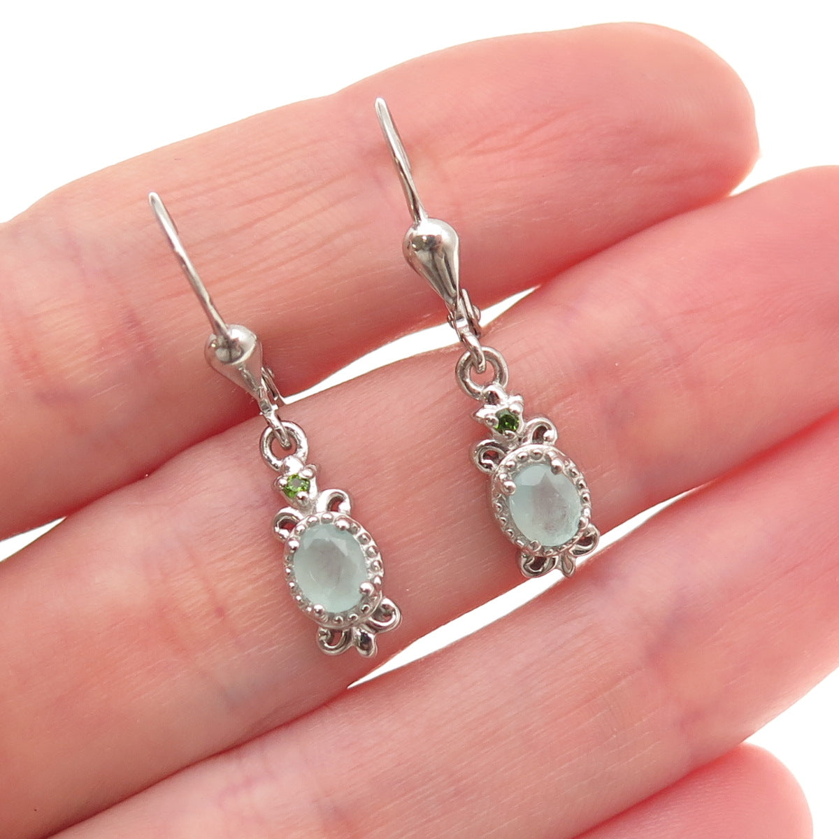 D'Joy 925 Sterling Silver Real Aquamarine & Peridot Fleur de Lis Dangle Earrings