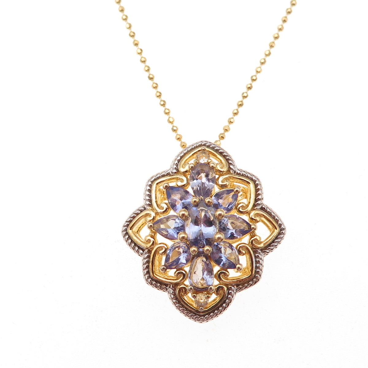 925 Sterling Silver Gold Plated Real Tanzanite & White Topaz Beaded Necklace 18"