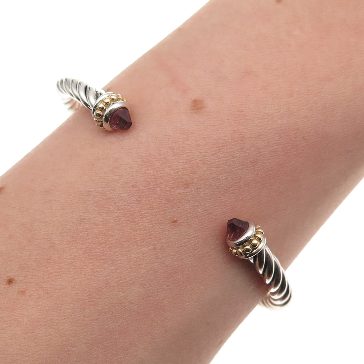 925 Sterling Silver 2-Tone Real Amethyst Cable Cuff Adjustable Bracelet 6.25"