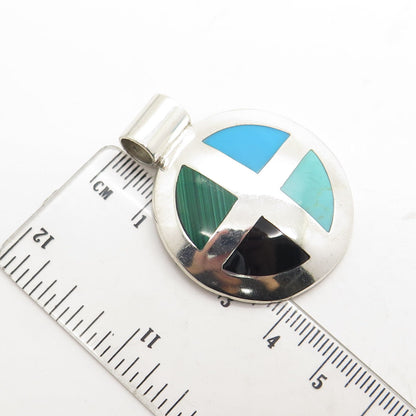 925 Sterling Silver Vintage Mexico Turquoise Malachite Black Onyx Round Pendant