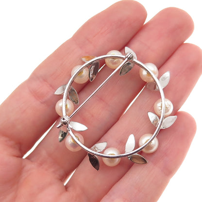 925 Sterling Silver Antique Real Akoya Pearl Floral Circle of Life Pin Brooch