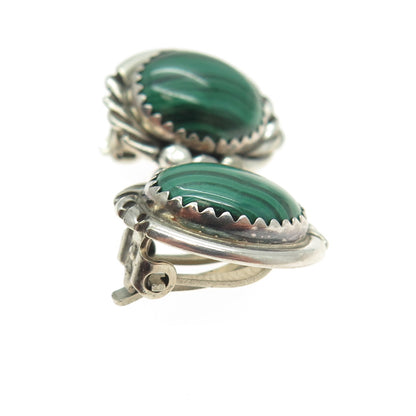 Old Pawn 925 Sterling Silver Vintage Southwestern Malachite Clip On Earrings