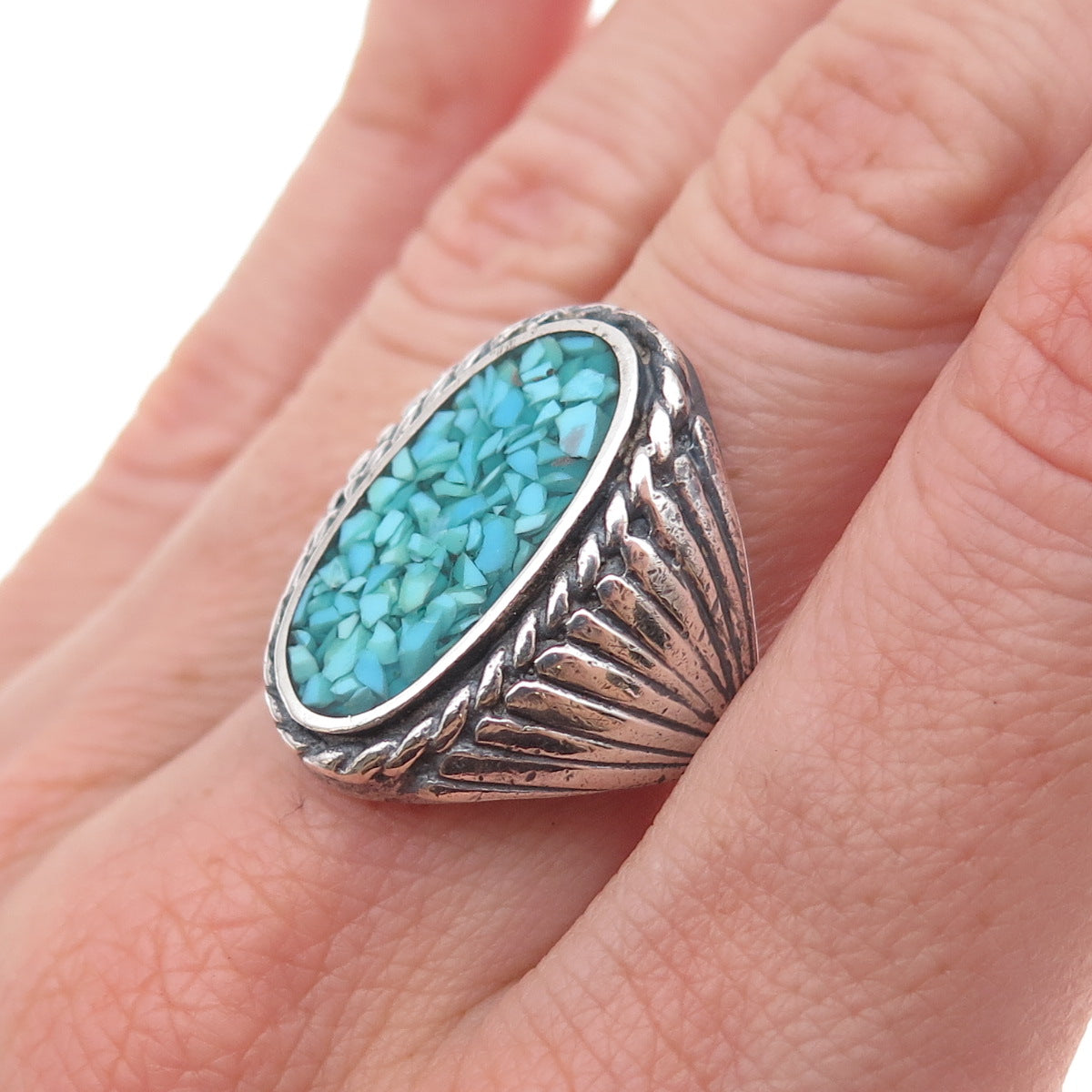 James Francisco Old Pawn Sterling Silver Vintage Turquoise Inlay Ring Size 8.75