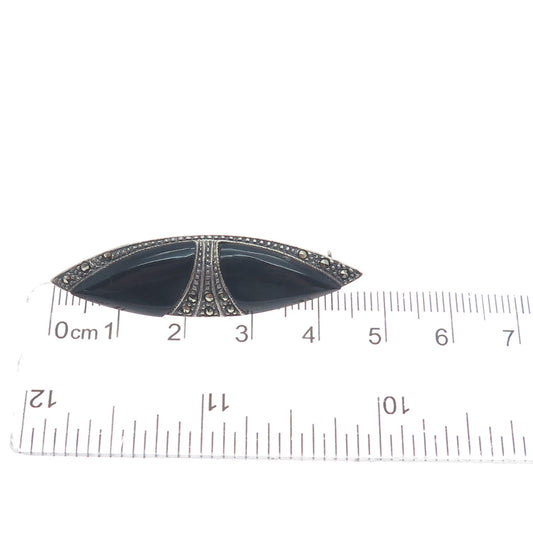 925 Sterling Silver Vintage Real Black Onyx & Marcasite Art-Deco-Style Brooch