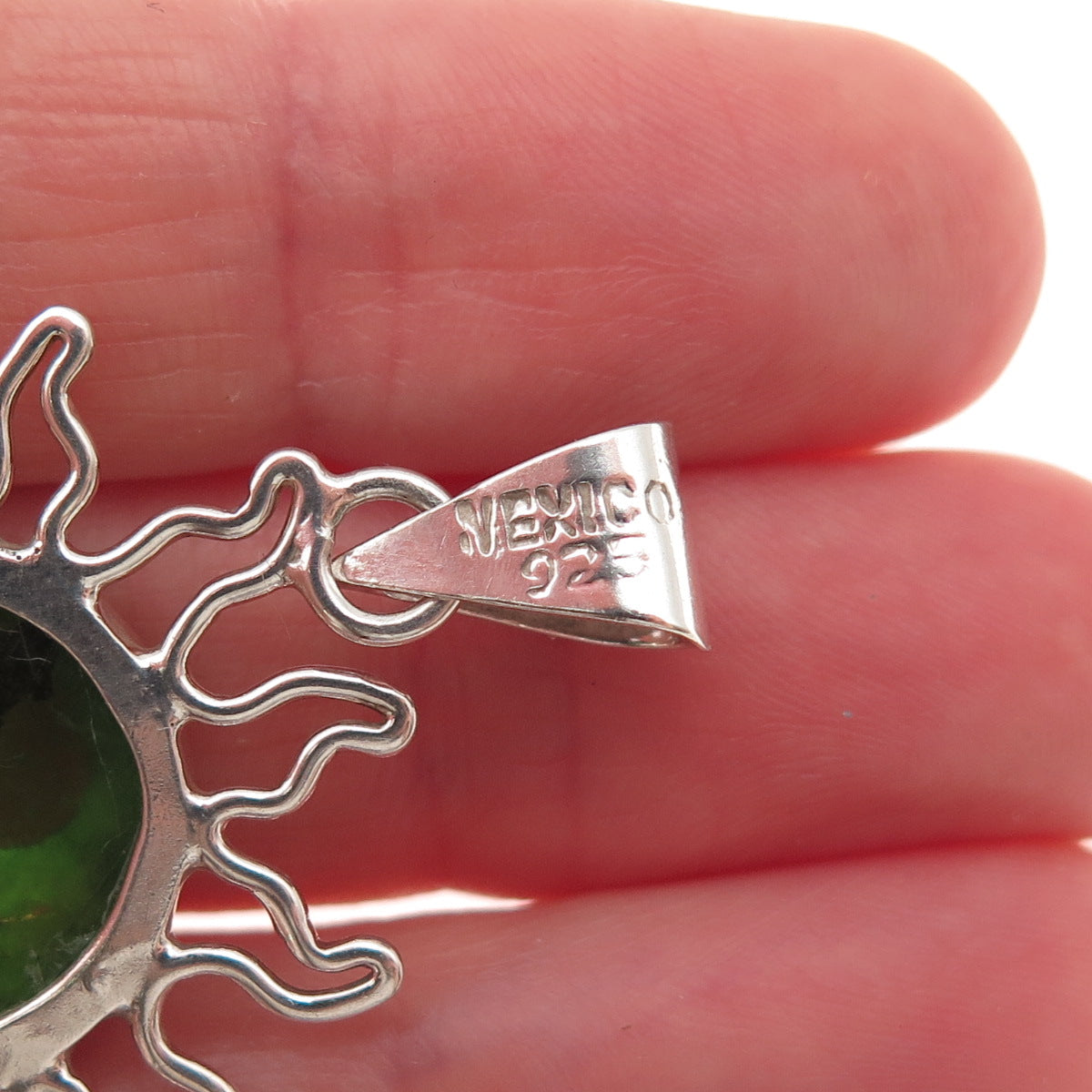 925 Sterling Silver Vintage Mexico Real Green Amber Eclipse Charm Pendant