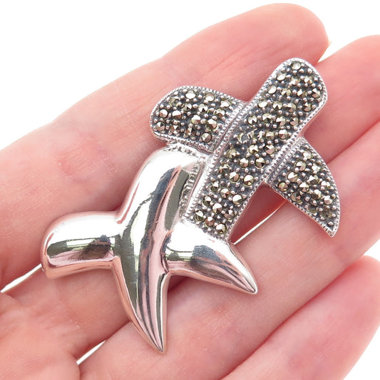 JUDITH JACK Sterling Silver Vintage Marcasite X-Shape Brooch (missing 4 stones)