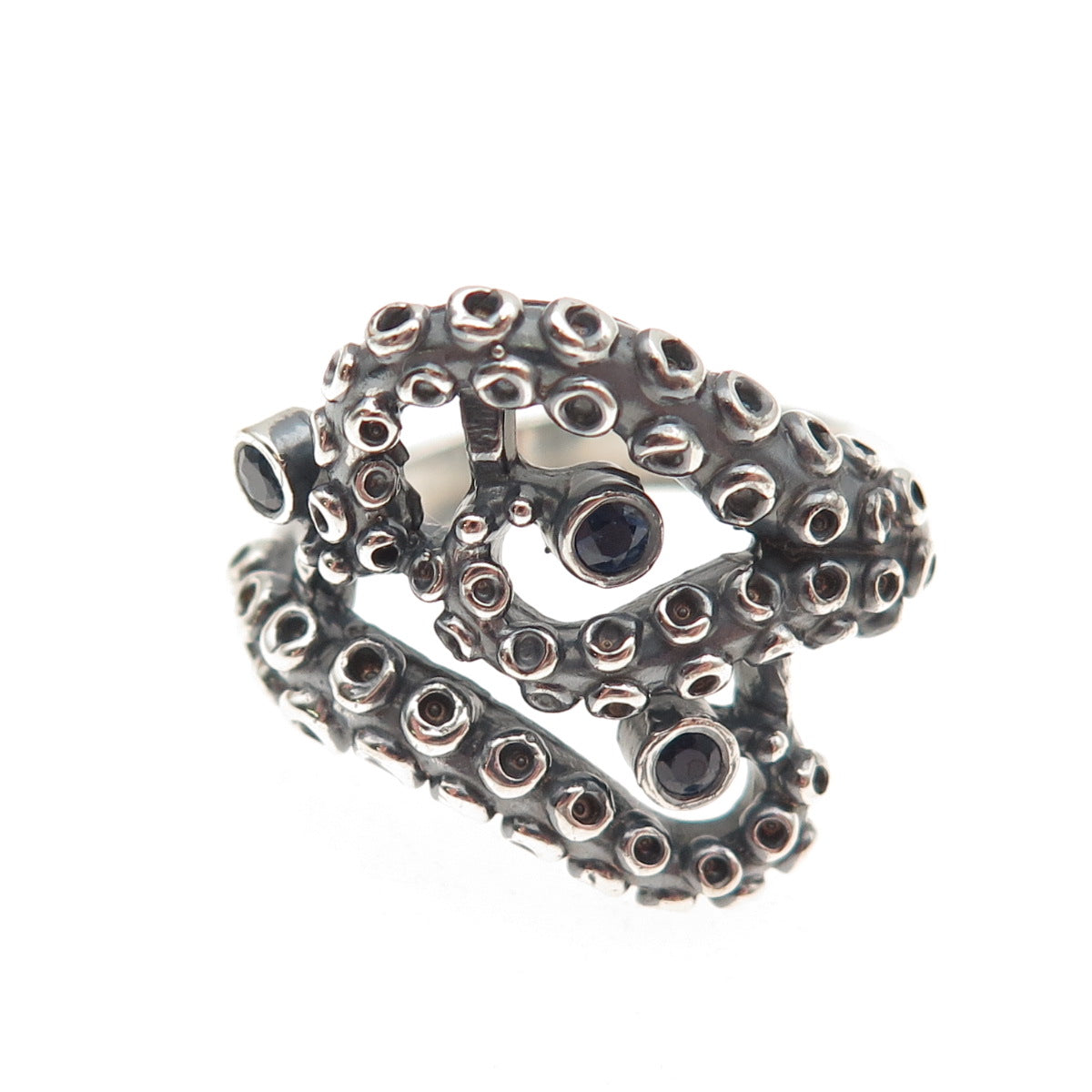 925 Sterling Silver Vintage Real Sapphire Octopus Oxidized Ring Size 8.25