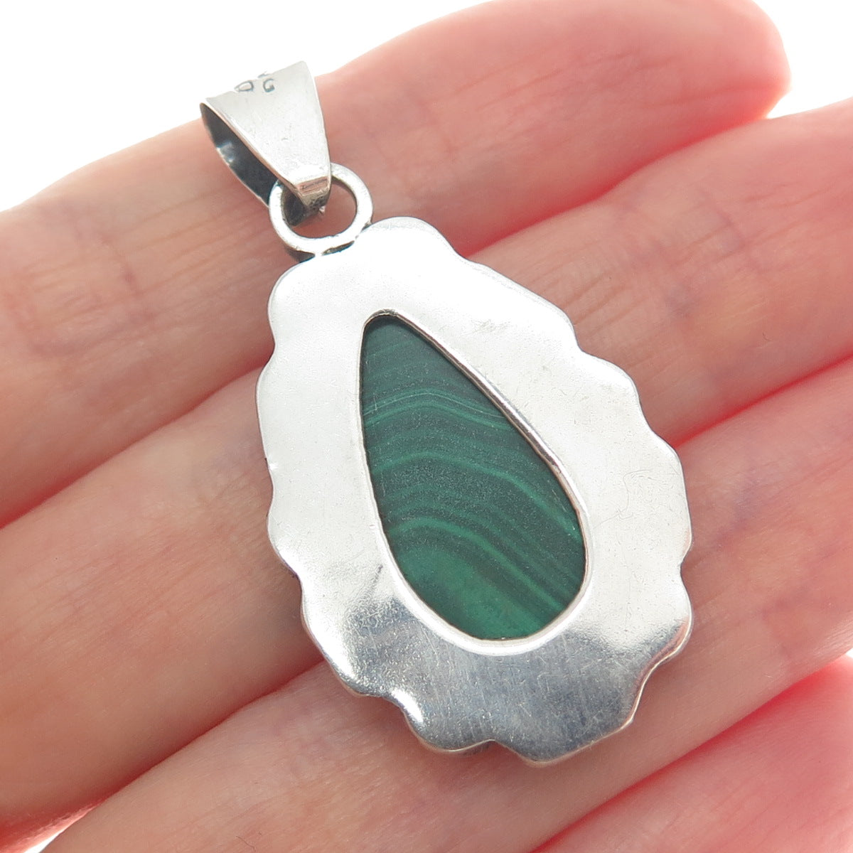 925 Sterling Silver Vintage Mexico Real Malachite Gem Teardrop Oxidized Pendant