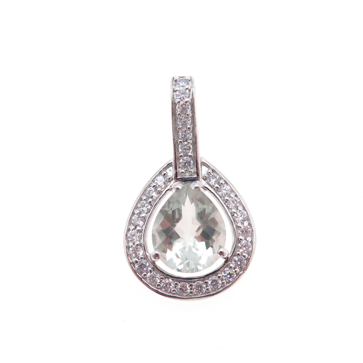 925 Sterling Silver Vintage Real Green Amethyst & C Z Teardrop Charm Pendant