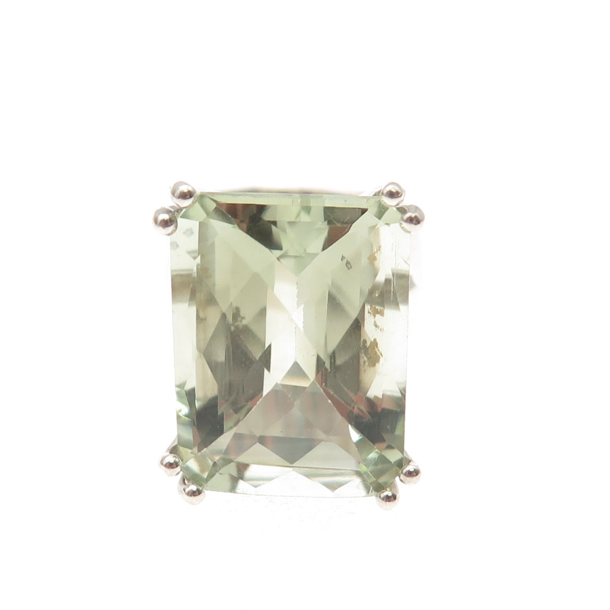 925 Sterling Silver Real Emerald-Cut Green Amethyst Statement Ring Size 6.5