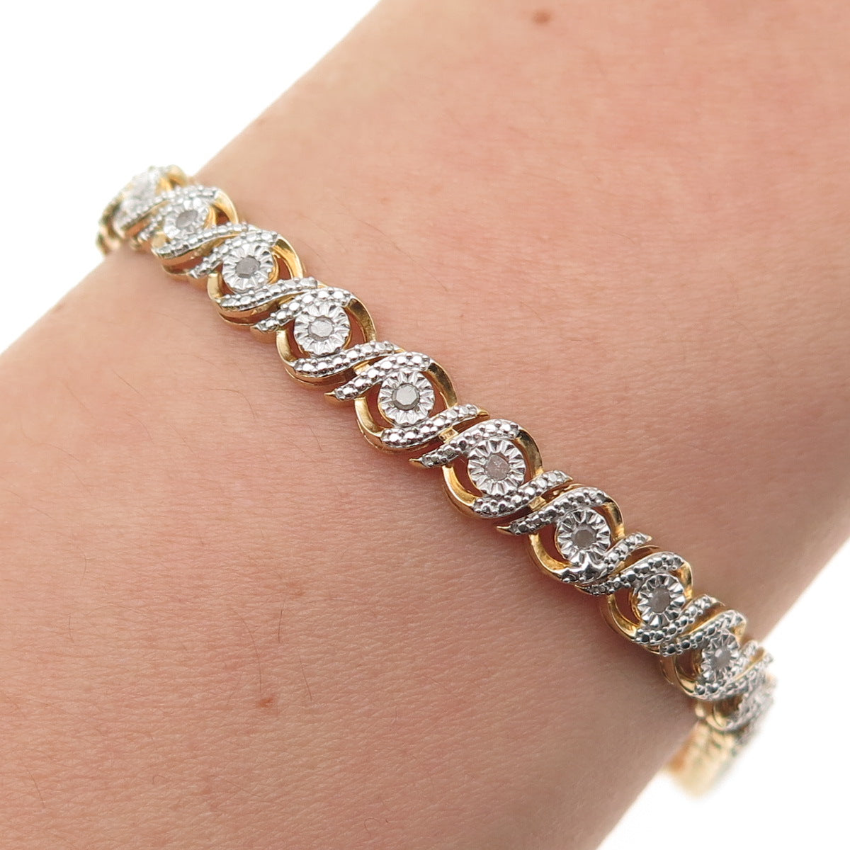 925 Sterling Silver Gold Plated Real Diamond Swirl Tennis Link Bracelet 7.25"