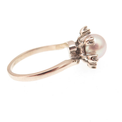 925 Sterling Silver Vintage Real Diamond Pearl & White Topaz Ring Size 5