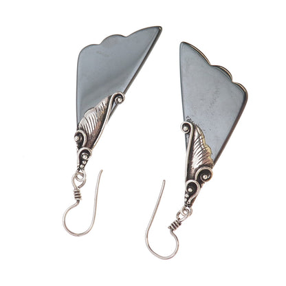 Old Pawn Sterling Silver Vintage Southwestern Hematite Floral Dangle Earrings