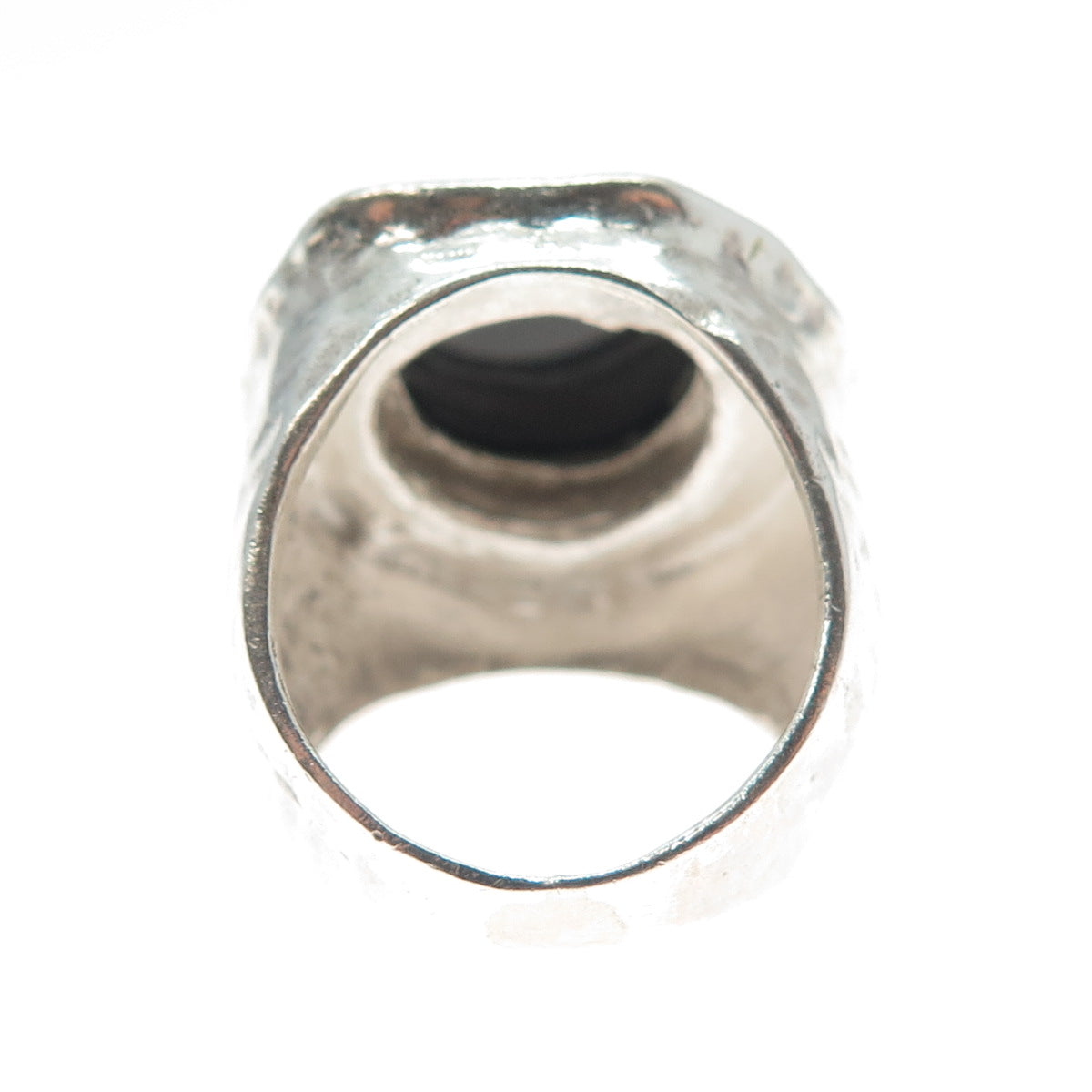 925 Sterling Silver Vintage Real Black Onyx Modernist Hammered Ring Size 8.25