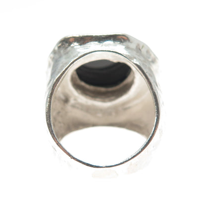925 Sterling Silver Vintage Real Black Onyx Modernist Hammered Ring Size 8.25