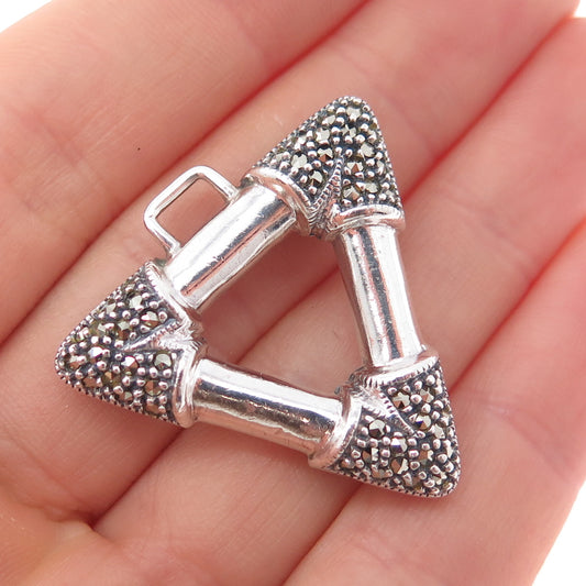 925 Sterling Silver Vintage Real Marcasite Modernist Triangle Pendant