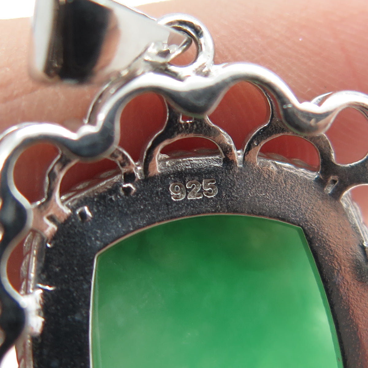 925 Sterling Silver Real Jade Gemstone Ornate Frame Pendant