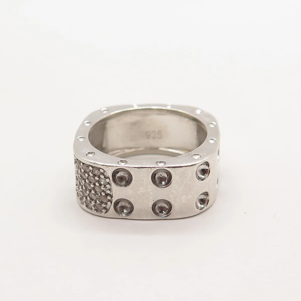 925 Sterling Silver C Z Dotted Wide Square Ring Size 7.5