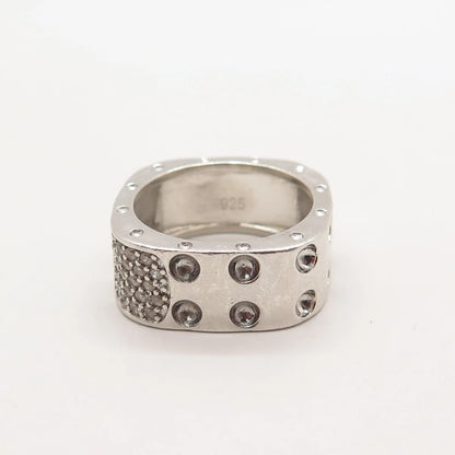 925 Sterling Silver C Z Dotted Wide Square Ring Size 7.5