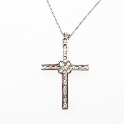 925 Sterling Silver Round-Cut C Z Floral Cross Cable Chain Necklace 18"