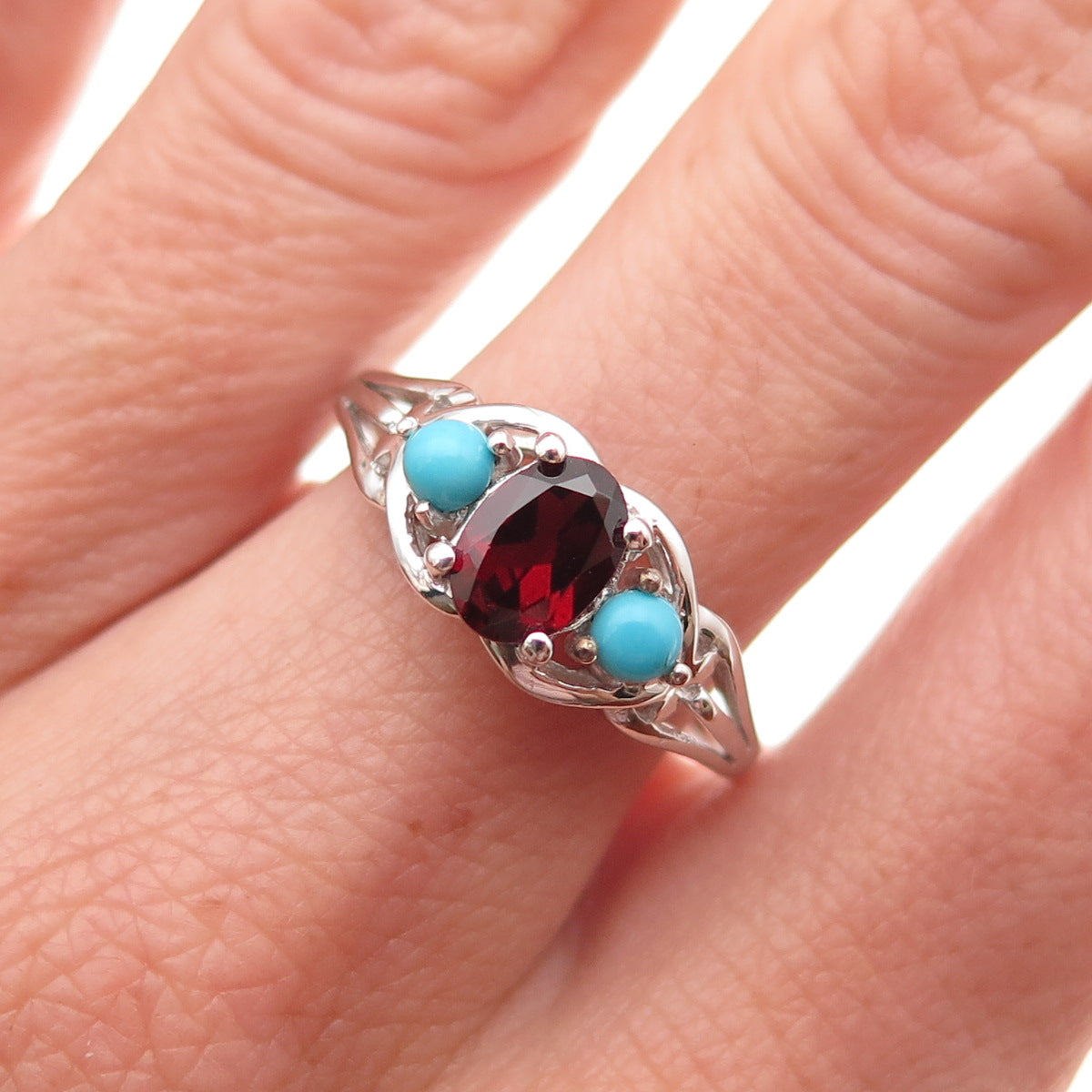 Chuck Clemency 925 Sterling Silver Real Turquoise & Red Garnet Ring Size 8.25