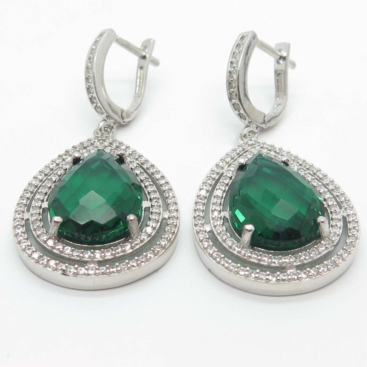 925 Sterling Silver White & Green C Z Dangling Earrings