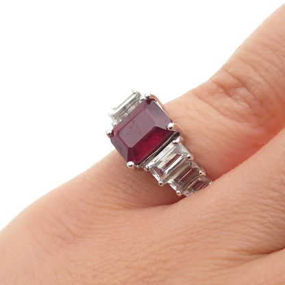 925 Sterling Silver Real Emerald-Cut Ruby & White Topaz Ring Size 5