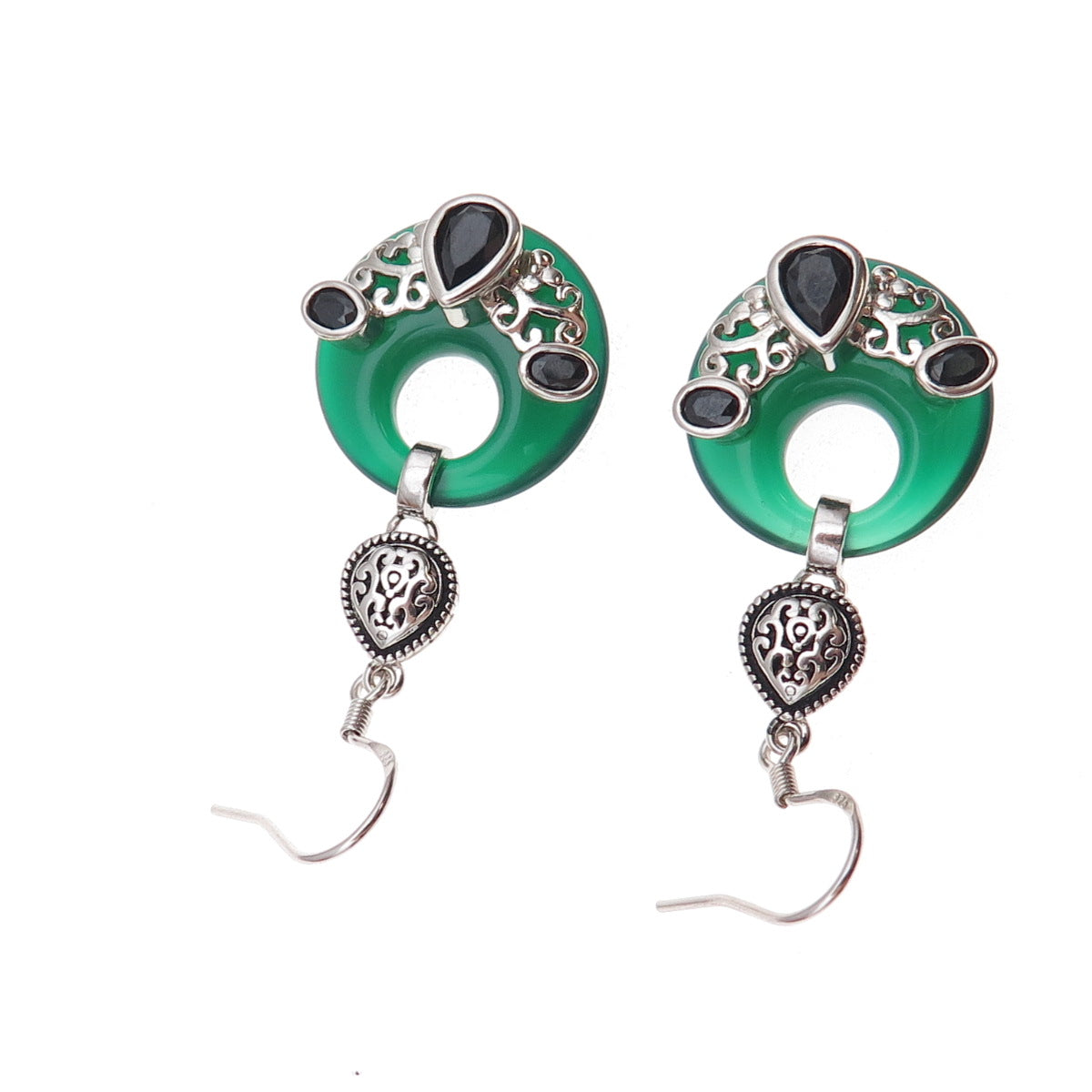 925 Sterling Silver Vintage Real Black & Green Onyx Oxidized Dangle Earrings