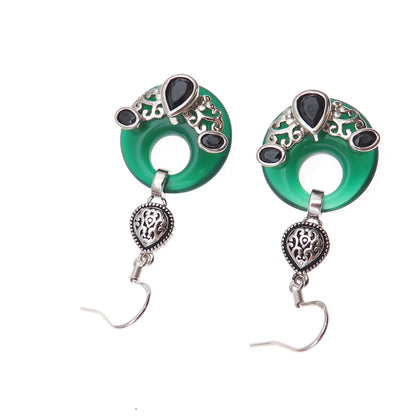 925 Sterling Silver Vintage Real Black & Green Onyx Oxidized Dangle Earrings