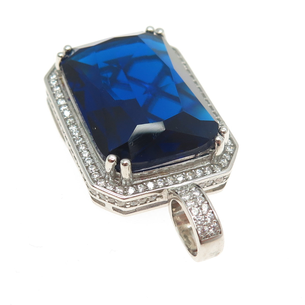 925 Sterling Silver Radiant-Cut Blue Glass & Round-Cut C Z Pendant