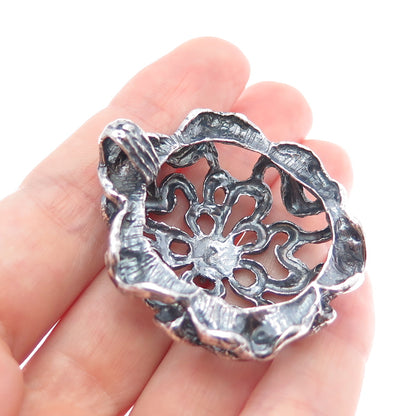 925 Sterling Silver Vintage Carnation Flower Oxidized Charm Pendant